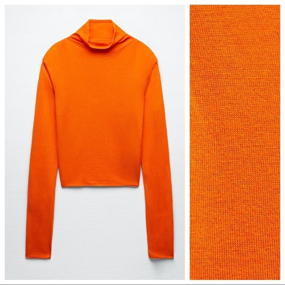 NWT. Zara Orange Ruched Shoulders Knit High Collar Sweater. Size S. - Picture 4 of 8